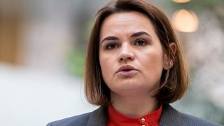 Belarusian opposition leader Sviatlana Tsikhanouskaya speaks during her news conference in Vilnius, Lithuania, May 24, 2021.