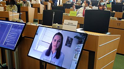 SvetlanaTikhanovskaya during the EU Parliament's hearing 