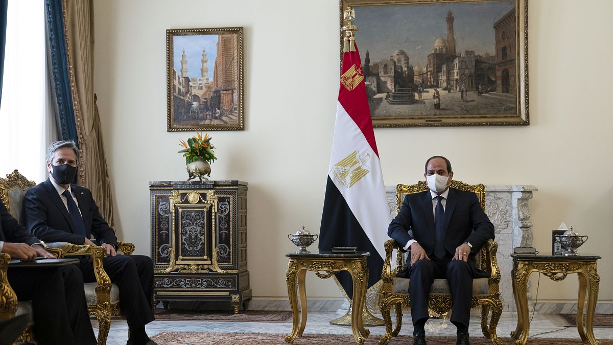 الرئيس المصري عبد الفتاح السيسي يستقبل وزير الخارجية الأمريكي  أنتوني بلينكين  في القصر الرئاسي بمصر الجديدة ، الأربعاء 26 مايو 2021. ، في القاهرة ، مصر.