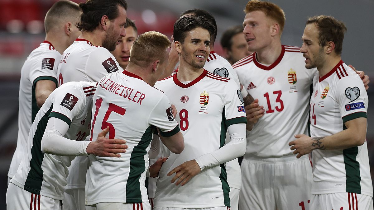 Hungary players celebrates during the 2022 FIFA World Cup qualifying match against Poland. 