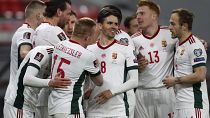 Hungary players celebrates during the 2022 FIFA World Cup qualifying match against Poland.