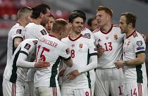 Hungary players celebrates during the 2022 FIFA World Cup qualifying match against Poland.