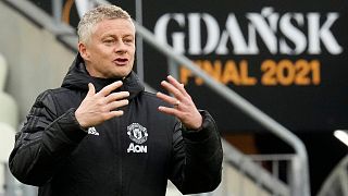Manchester United's manager Ole Gunnar Solskjaer gestures during a training session in Gdansk, Poland, Tuesday May 25, 2021 ahead of the Europa League final soccer match.