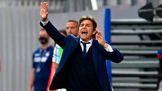 Inter Milan's coach Antonio Conte gives directions to the players during the Italian Serie A football match