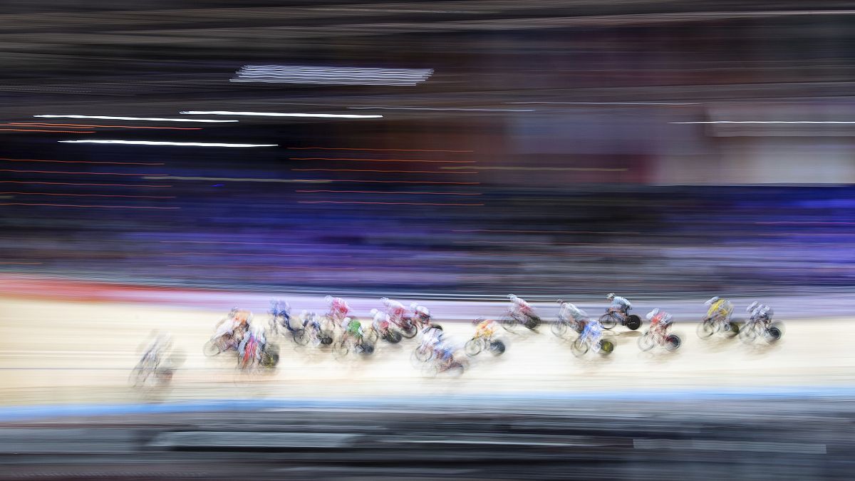 Athletes compete during the women's points races at the Cycling World Championship in Berlin, Germany, March 1, 2020.