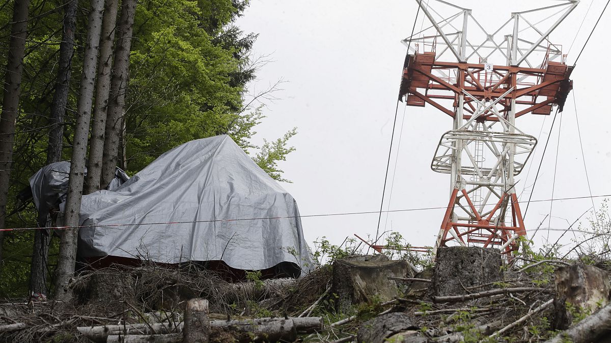 The wreckage of the cable car after it collapsed near the summit of the Stresa-Mottarone line in May.