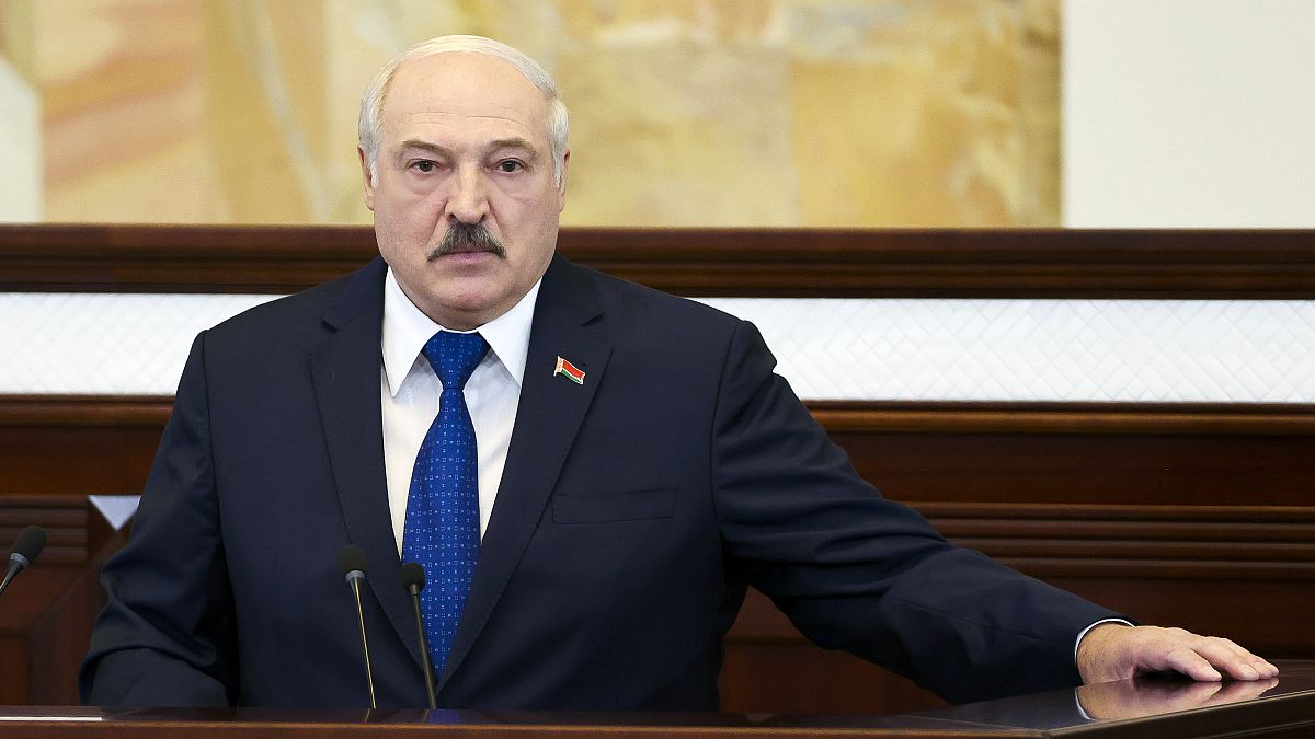 In this Wednesday, May 26, 2021, file photo, Belarusian President Alexander Lukashenko addresses Parliament in Minsk, Belarus. 