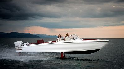 Swedish company Candela Speed Boat displays a hydrofoil 'flying boat'.