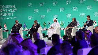 Saudi Arabia's Tourism Minister Ahmed al-Khateeb attends along with other guests a tourism conference in the Saudi capital Riyadh on May 26, 2021.