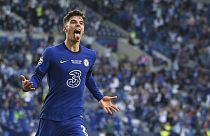Chelsea's Kai Havertz celebrates after scoring his side's opening goal during the Champions League final