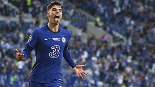 Chelsea's Kai Havertz celebrates after scoring his side's opening goal during the Champions League final