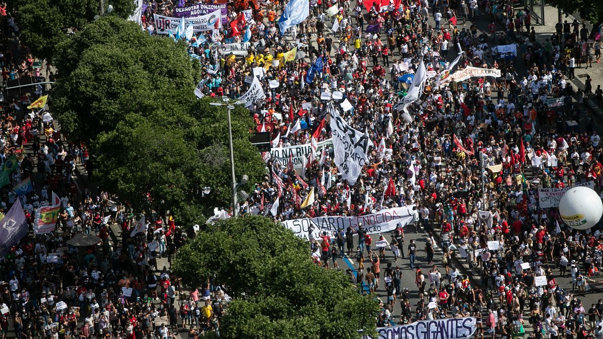 People protest against the government's response in combating COVID-19, demanding the impeachment of President Jair Bolsonaro, in Rio de Janeiro, Brazil, May 29, 2021.