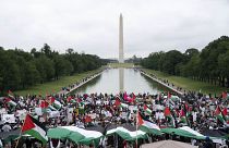 مؤيدون للقضية الفلسطينية يتظاهرون في واشنطن خلال المسيرة الوطنية لفلسطين. 2021/05/29