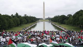 مؤيدون للقضية الفلسطينية يتظاهرون في واشنطن خلال المسيرة الوطنية لفلسطين. 2021/05/29