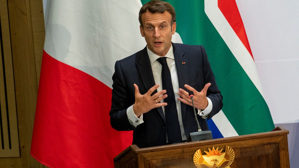 French President Emmanuel Macron delivers a speech at the University of Pretoria Future Africa in Pretoria, South Africa, Friday May 28, 2021.