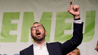 Tomislav Tomasevic celebrates at his electoral headquarters in Zagreb, Croatia