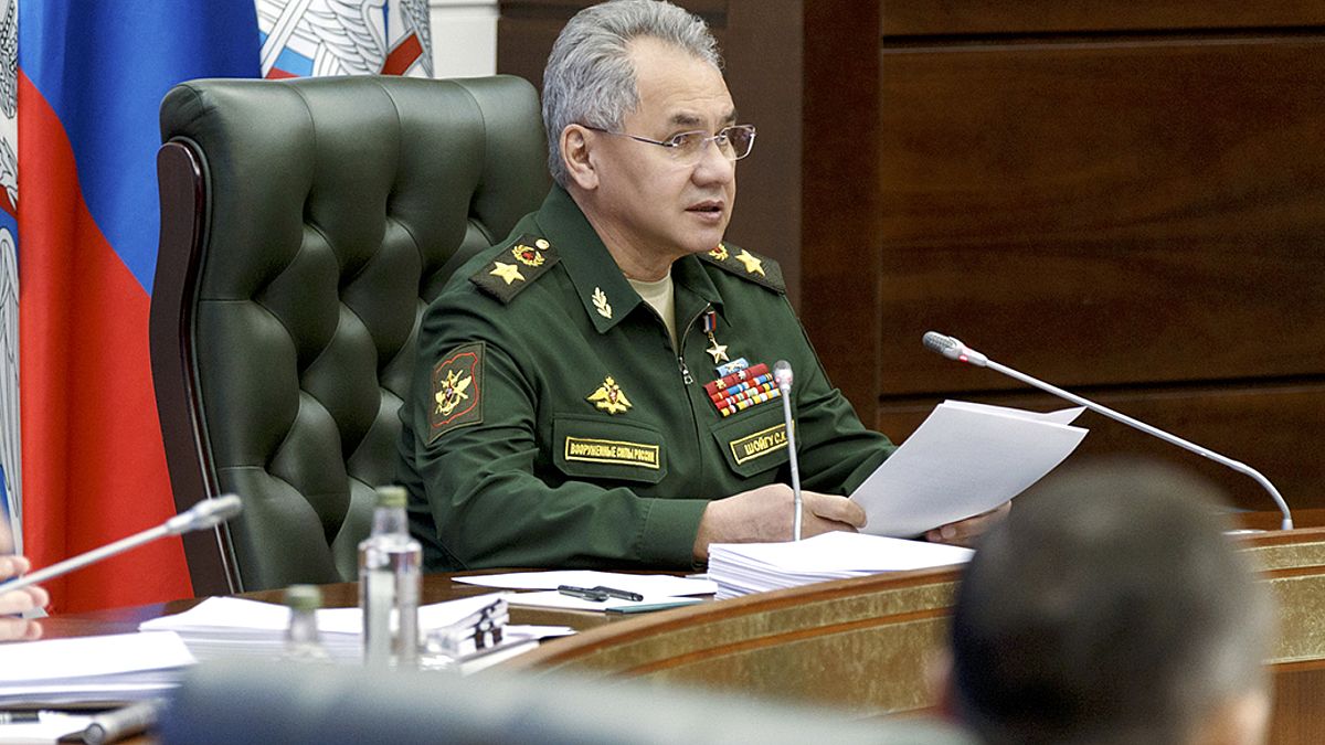 Russian Defense Minister Sergei Shoigu speaks during a meeting with hight level military officials in Moscow, Russia, May 31, 2021. 
