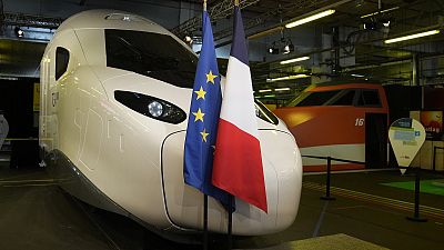 The nose of the SNCF's "TGV M" next generation high-speed train is pictured at Gare de Lyon on September 17, 2021.