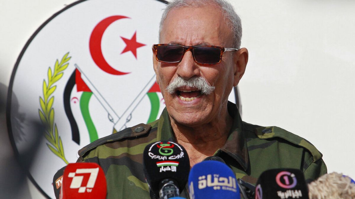 FILE - In this Feb. 27, 2021 file photo, Brahim Ghali, leader of the Polisario front, delivers a speech in a refugee camp near Tindouf, southern Algeria. 