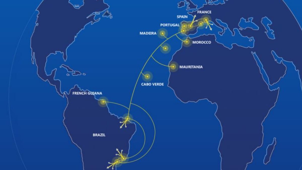 Mapa com as diversas ligações do primeiro cabo ótico entre a Europa e a América do Sul