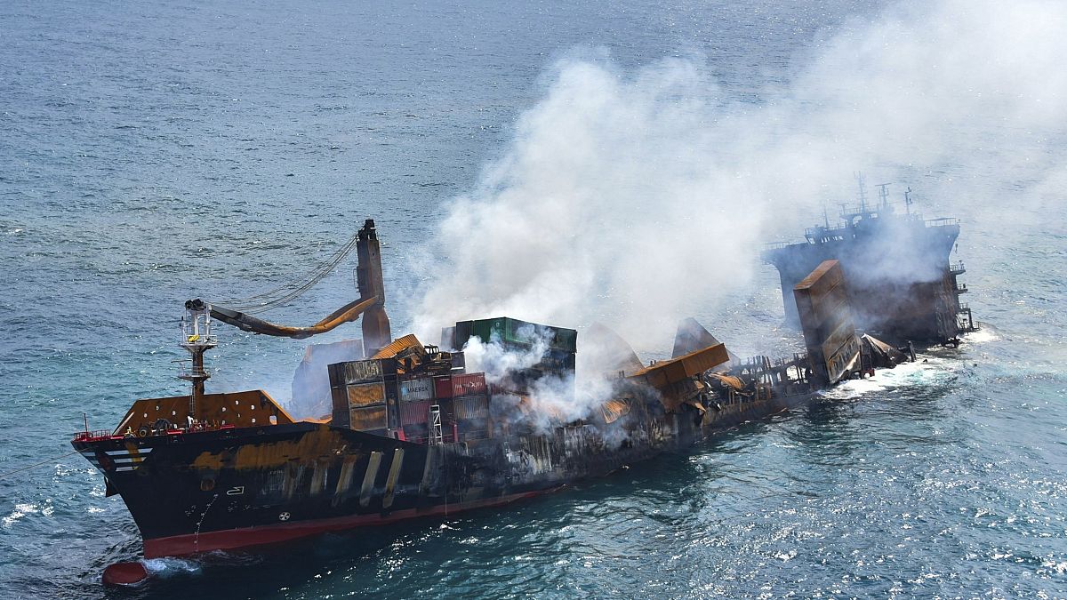 This photo provided by Sri Lankan Air Force shows the sinking MV X-Press Pearl at Kapungoda where it is anchored off Colombo port, Sri Lanka, Wednesday, June 2, 2021. 