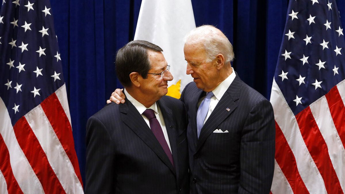 U.S. Vice President Joe Biden, right, meets with President Nicos Anastasiades of Cyprus