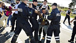 In this Sept. 9, 2015 file picture police grab a refugee as hundreds of refugees walk in Southern Jutland motorway near Padborg in Denmark