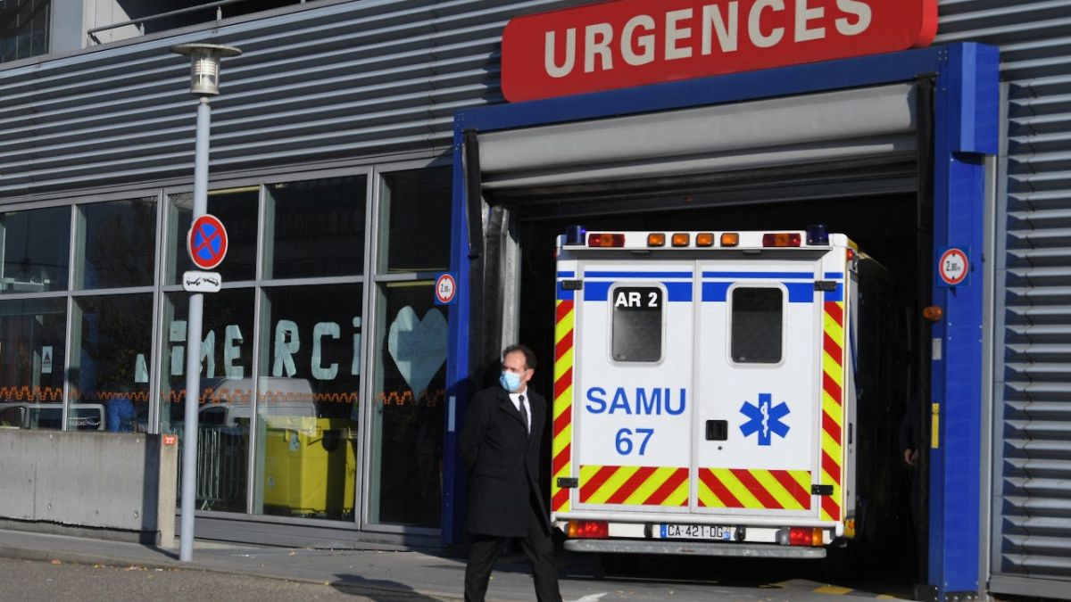 An ambulance arrives at the emergency unit of Strasbourg hospital, on November 6, 2020, amid the sanitary crisis linked with the covid-19 pandemic caused by the coronavirus.