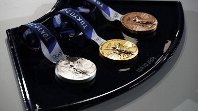 medal tray that will be used during the victory ceremonies at the Tokyo 2020 Olympic.