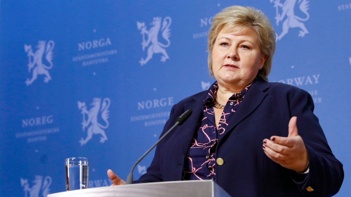 Norway's Prime Minister Erna Solberg, speaks during a press conference in Oslo, Monday, Jan. 20, 2020. 