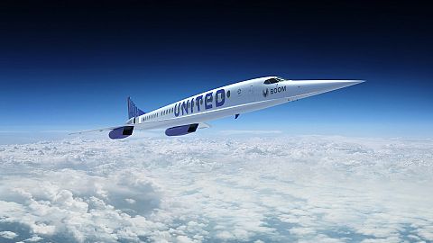 A Boom Supersonic Overture aircraft in United Airlines livery.