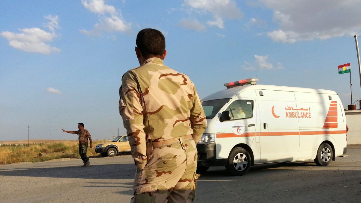 An ambulance outside a makeshift clinic in Salhiya on Tuesday, Sept. 30, 2014. 