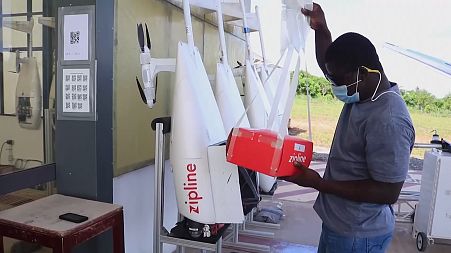 Vaccines are packed into a Zipline drone ready to be sent to rural parts of Ghana.