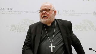 In this Saturday, Feb. 23, 2019 file photo Cardinal Reinhard Marx, the archbishop of Munich and Freising, at a media briefing during a four-day sex abuse summit in Rome.