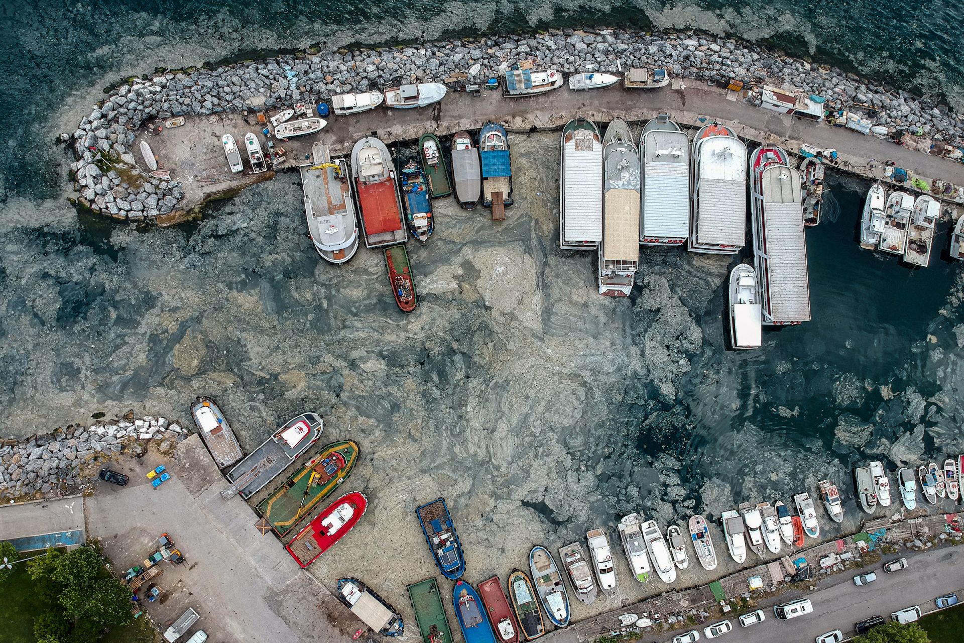 Mucilage, a thick, viscous fluid produced by phytoplankton is seen in Turkey's Marmara Sea at a harbour on the shoreline of Istanbul. May 30, 2021