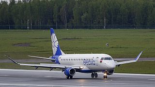 In this May 23, 2021, file photo, a Belavia plane lands at the International Airport outside Vilnius, Lithuania