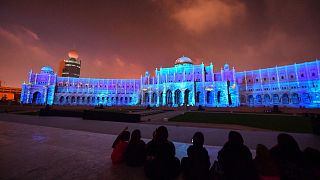 The Municipality Headquarters is lit up in a colourful display for the 10th annual Sharjah Light Festival in the Emirate of Sharjah