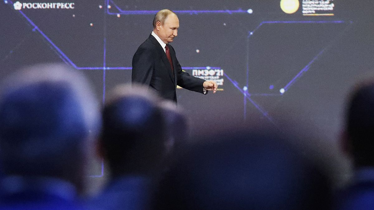 Russian President Vladimir Putin attends the St. Petersburg International Economic Forum in St. Petersburg, Russia, Friday, June 4, 2021.