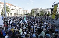 Protesters gather in downtown Budapest, Hungary, Saturday, June 5, 2021.