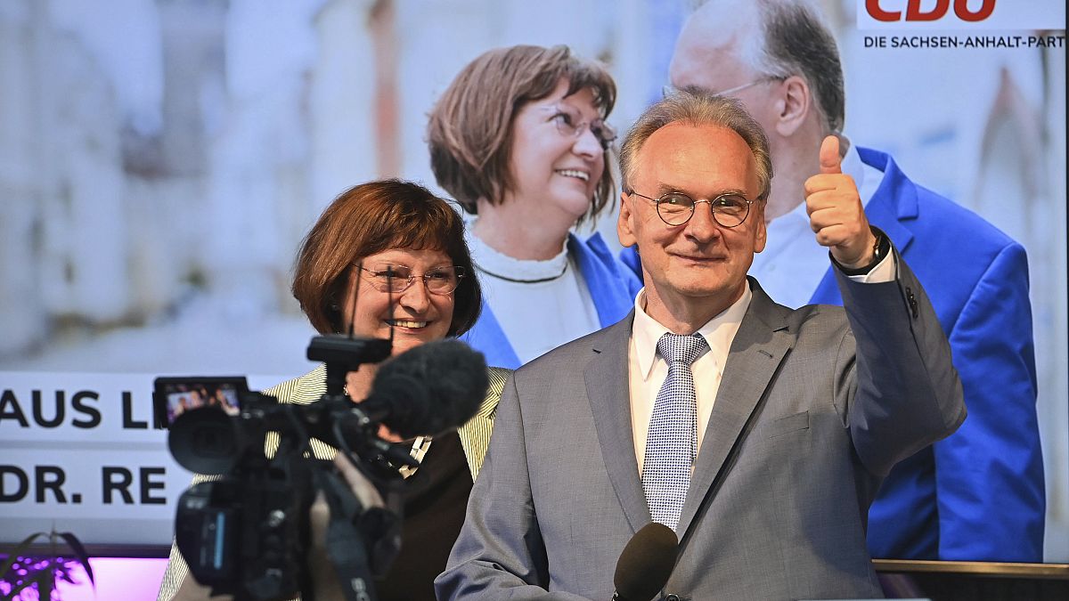 Saxony-Anhalt state governor Reiner Haseloff of Merkel's Christian Democratic Union party, CDU, and his wife Gabriele react, at the CDU election party.