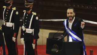 El Salvador's President Nayib Bukele delivers his annual address to the nation before Congress, in San Salvador, El Salvador, Tuesday, June 1, 2021. 