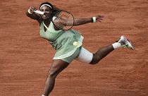 United States Serena Williams plays a return to Kazakhstan's Elena Rybakina during their fourth round match on day 8, of the French Open tennis tournament.