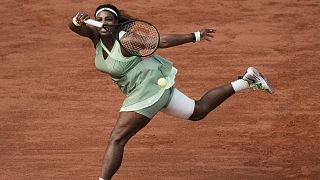 United States Serena Williams plays a return to Kazakhstan's Elena Rybakina during their fourth round match on day 8, of the French Open tennis tournament.