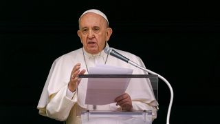 Pope Francis speaks from the window of his studio overlooking St. Peter's Square at The Vatican Sunday, June 6, 2021.