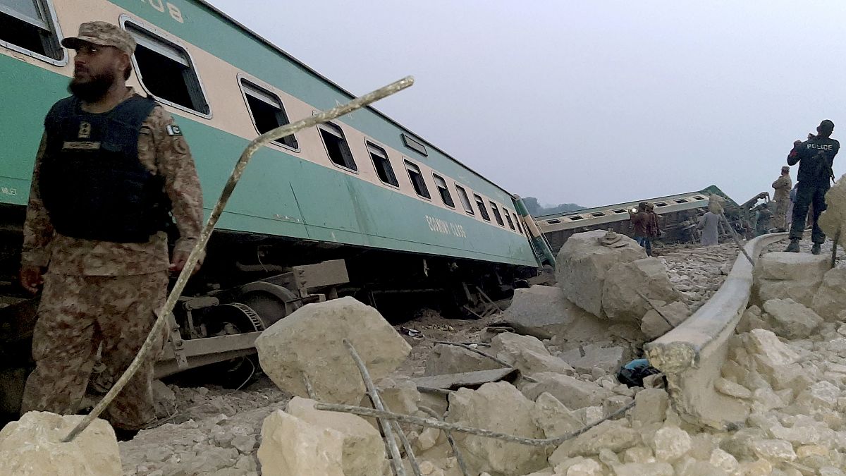 Army, police and rescue workers gather at the site of a derailed train in near Rohri, in southern Pakistan, Sunday, March 7, 2021. 