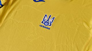 The EURO 2020 jersey of the Ukrainian national football team, seen on June 6, 2021.