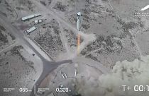 In this image from video made available by Blue Origin, the New Shepard rocket lifts off during a test in West Texas on Wednesday, April 14, 2021.
