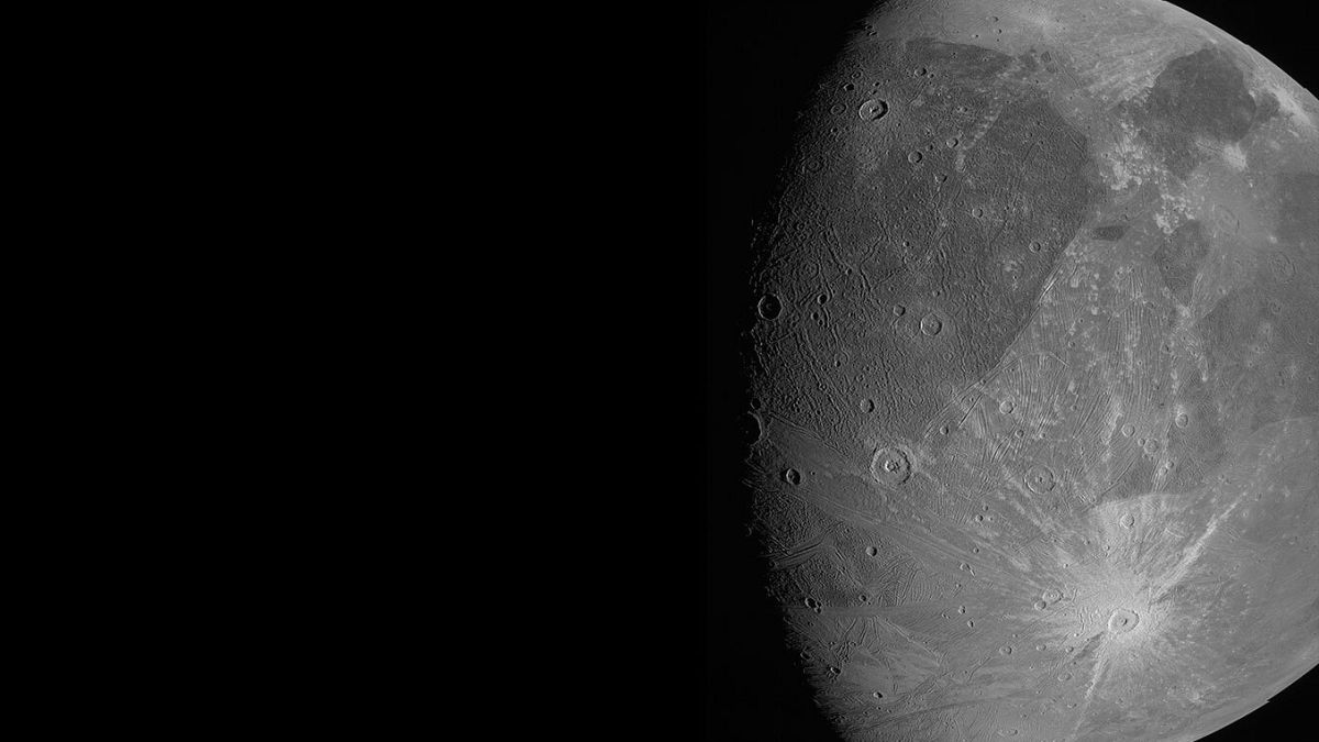 This June 7, 2021 image made available by NASA shows the Jovian moon Ganymede as the Juno spacecraft flies by