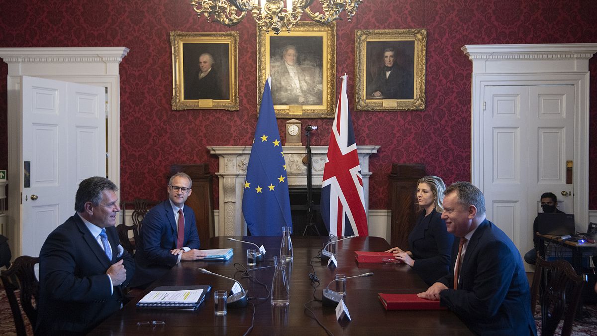 Britain's Minister for the Cabinet Office of the United Kingdom, David Frost, right, speaks to his EU counterpart Maros Sefcovic, during a meeting, in London, June 9, 2021. 