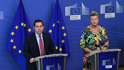 Greek Minister of Migration Notis Mitarachi and EU commissioner for Home Affairs Ylva Johansson